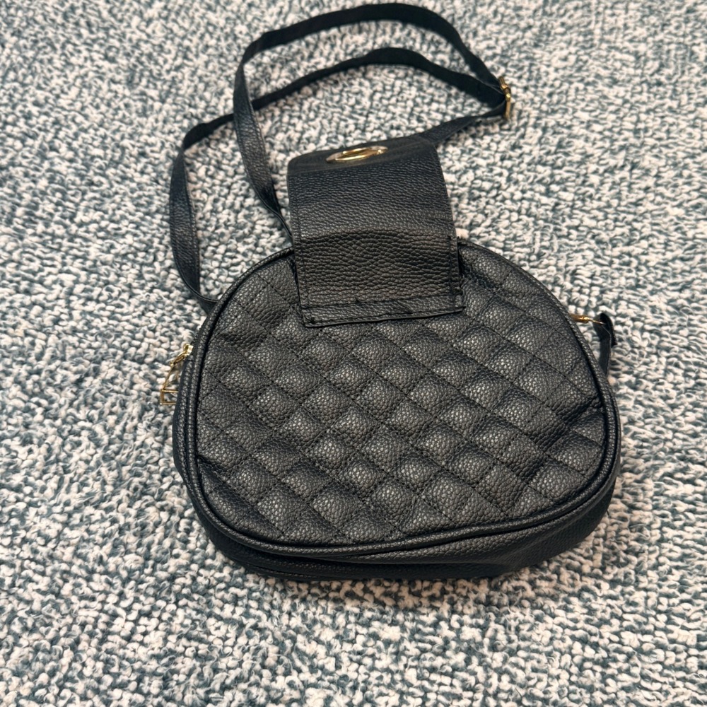 Black Quilted Crossbody Bag Gold Turn Lock Triple Zip Shoulder Purse - Picture 7 of 10